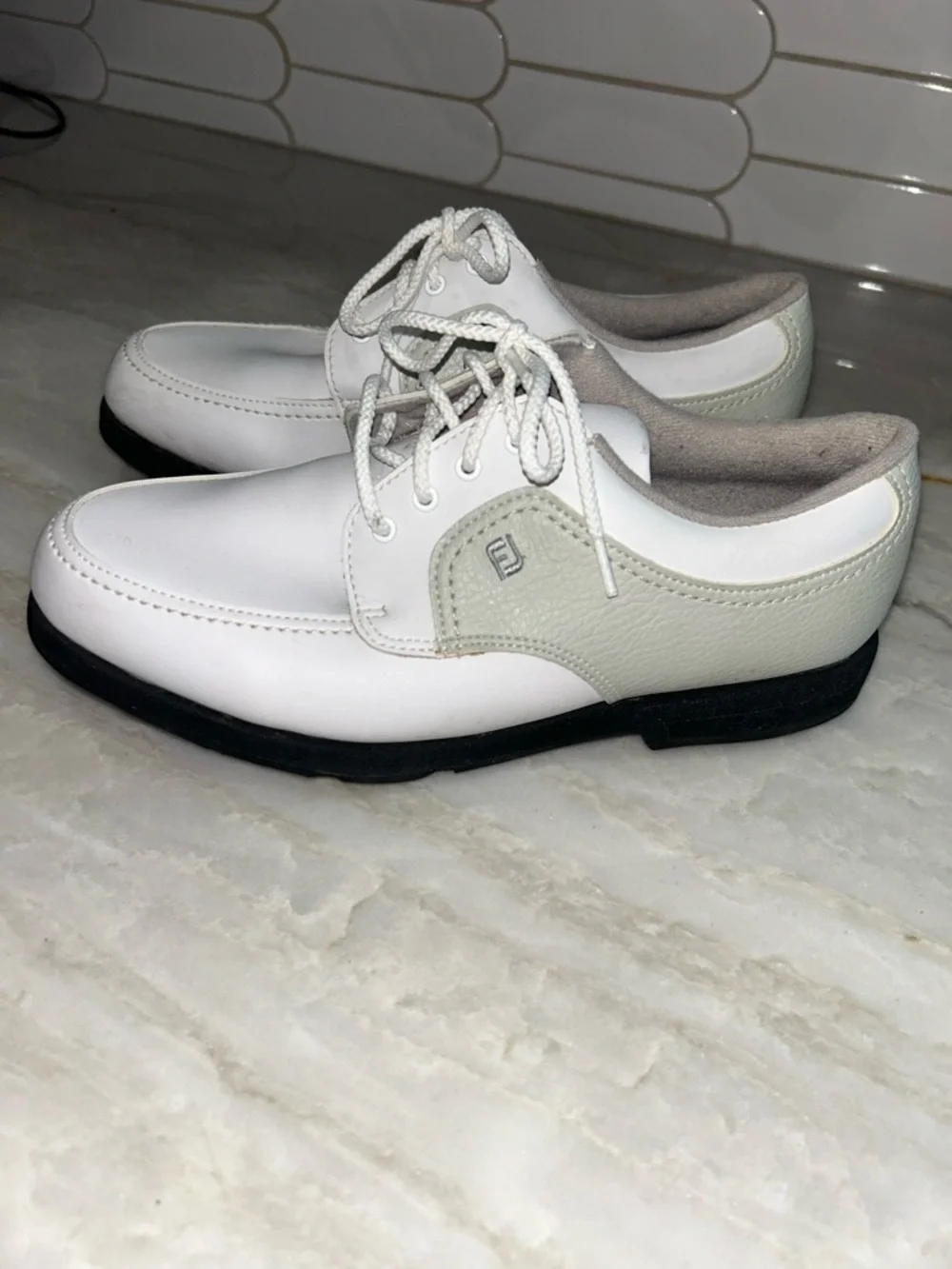 FootJoy‎ GreenJoys Golf Shoes Men’s 7M White Grey Spiked Oxford Cleats 48704